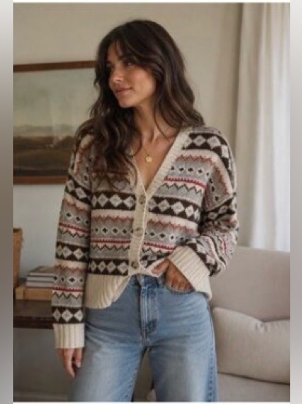 VINTAGE American Eagle Cream Fair Isle Button-Front Sweater great condition